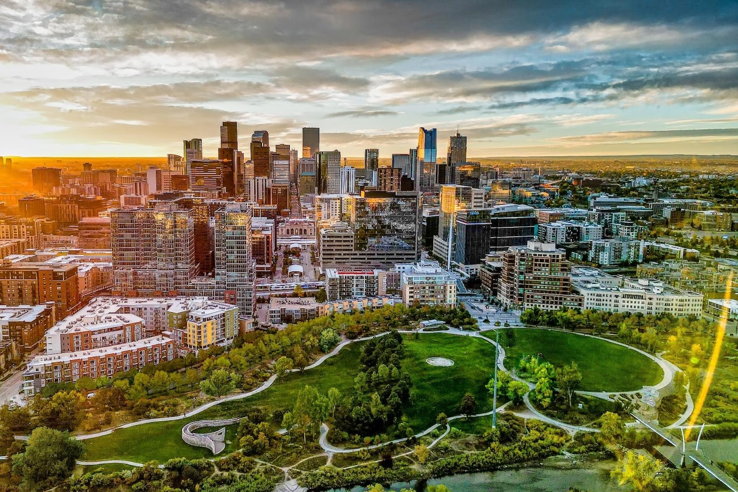 Denver Skyline Drone Sunrise Colorado -meehlfoundation